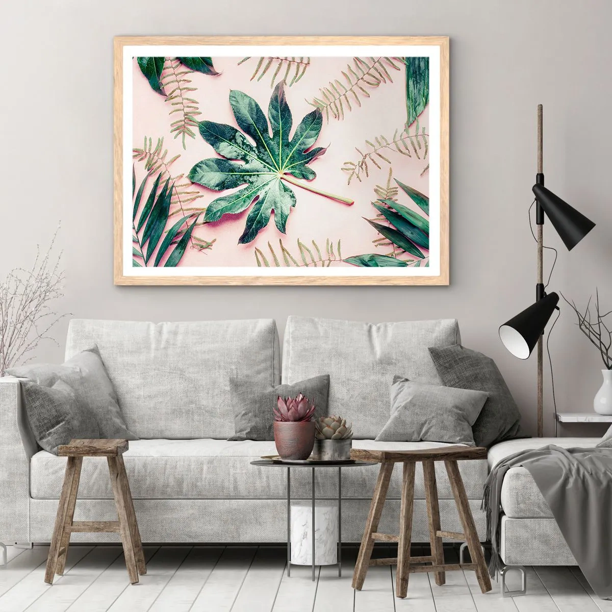 Pôster com moldura de carvalho claro - Estudo do verde em um fundo rosa - 70x50 cm