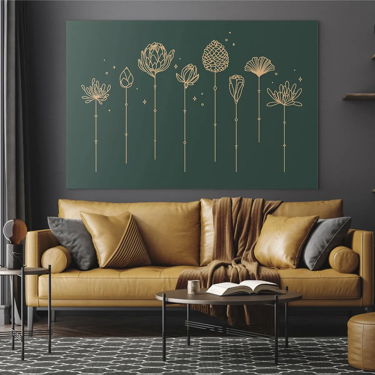 Quadro em vidro - Contornos dourados de ervas e flores em um fundo verde escuro - 70x50cm - A família RAMOS - Decoração de parede moderna para a sala de estar e quarto ARTTOR