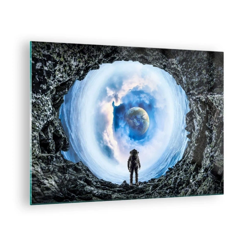 Quadro em vidro - Um astronauta olhando para a Terra de dentro de uma caverna rochosa. - 70x50cm - Não muito longe de casa - Decoração de parede moderna para a sala de estar e quarto ARTTOR