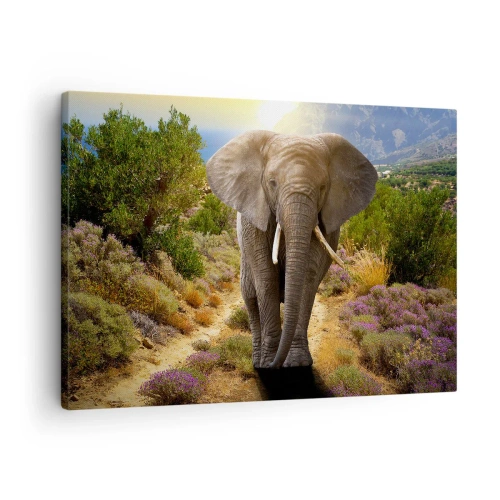 Quadro em tela - Um elefante africano em uma paisagem de savana e montanha - 70x50cm - Assim era o Éden - Decoração de parede moderna para a sala de estar e quarto ARTTOR