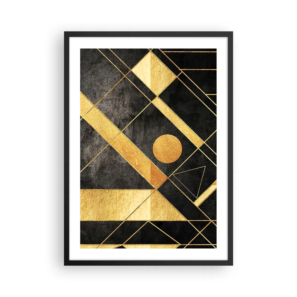 Pôster com moldura preta - Padrões geométricos dourados em um fundo preto - 50x70cm - Sol do Deserto - Decoração de parede moderna para a sala de estar e quarto ARTTOR