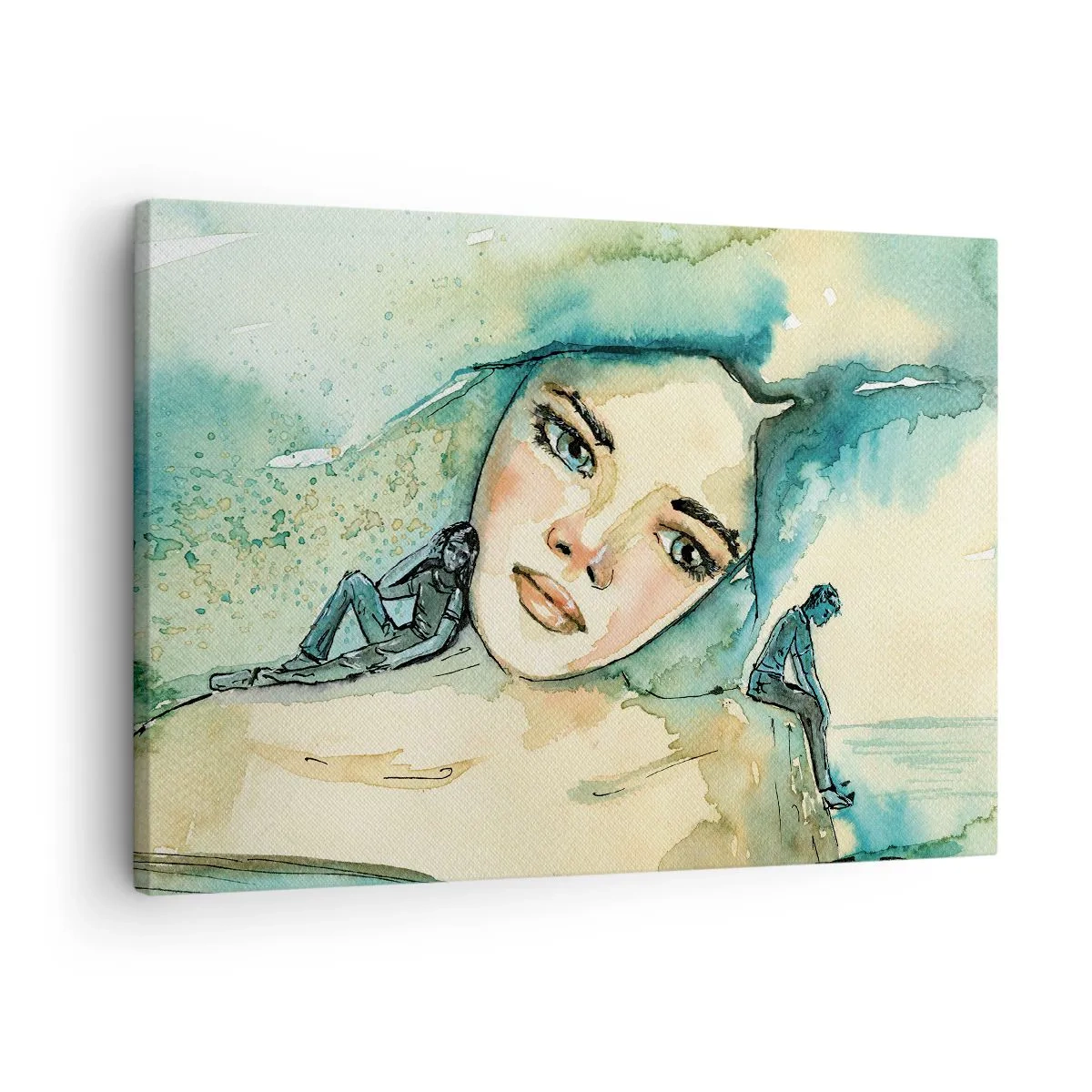 Quadro em tela - Aquarela de rosto de mulher com motivo reflexivo - 70x50cm - Am I blue? - Decoração de parede moderna para a sala de estar e quarto ARTTOR