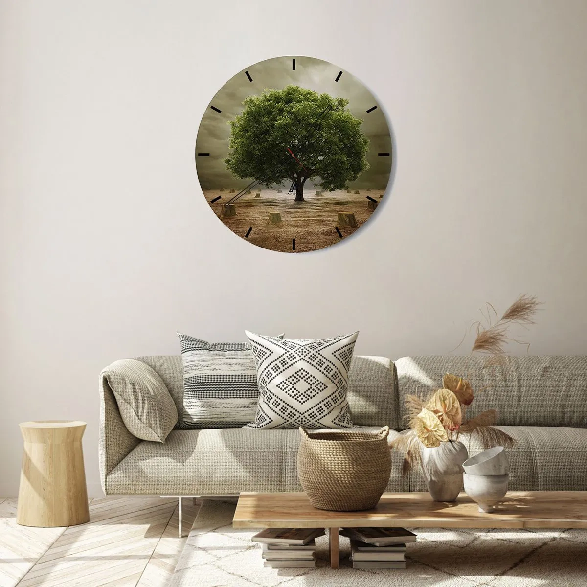 Relógio de parede - Relógio em vidro - Uma árvore cercada por tocos contra um céu tempestuoso - 30x30cm - Toda a esperança - Decoração de parede moderna para a sala de estar, cozinha e quarto ARTTOR