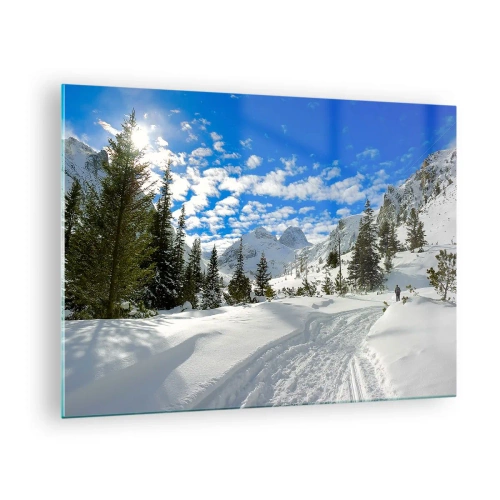 Quadro em vidro - Paisagem de montanha de inverno com floresta e céu azul - 70x50cm - Na neve e ao sol - Decoração de parede moderna para a sala de estar e quarto ARTTOR