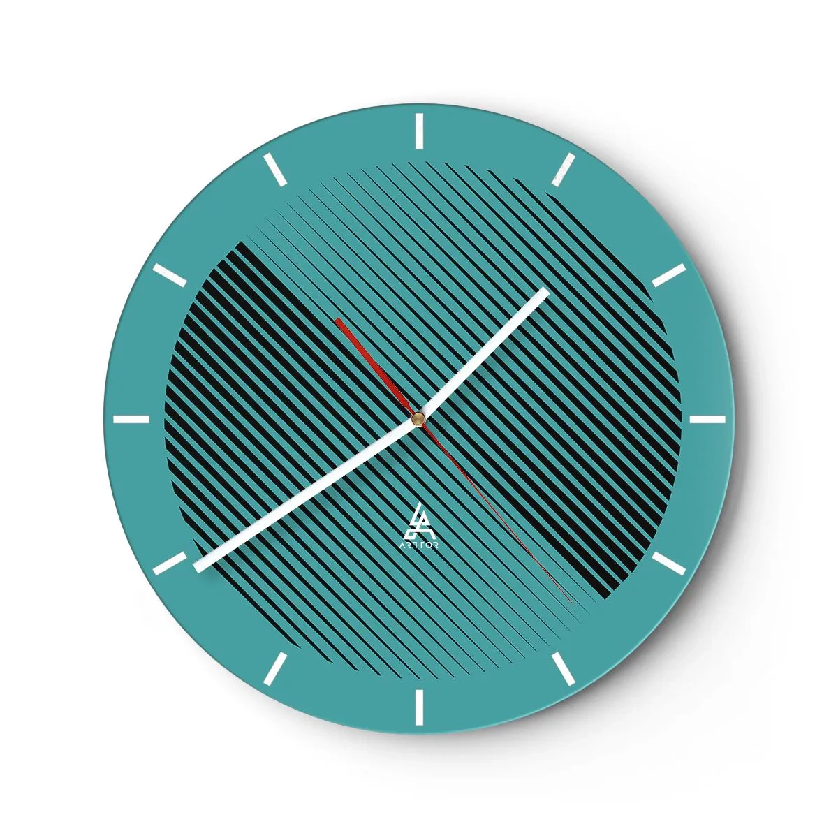 Relógio de parede - Relógio em vidro - Fundo turquesa com linhas diagonais pretas em um arranjo geométrico - 30x30cm - Círculo – uma variação geométrica - Decoração de parede moderna para a sala de estar, cozinha e quarto ARTTOR