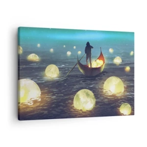 Quadro em tela - Uma figura em um barco cercada por bolas luminosas na água - 70x50cm - Coisas com as quais os filósofos nunca sonharam - Decoração de parede moderna para a sala de estar e quarto ARTTOR