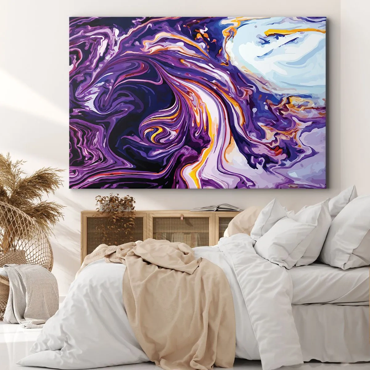 Quadro em tela - Um padrão abstrato dinâmico em tons de roxo e amarelo. - 70x50cm - Onde o espaço se dobra em roxo - Decoração de parede moderna para a sala de estar e quarto ARTTOR