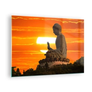 Quadro em vidro - Estátua de Buda com o pôr do sol como pano de fundo - 70x50cm - Sem medo do mundo - Decoração de parede moderna para a sala de estar e quarto ARTTOR