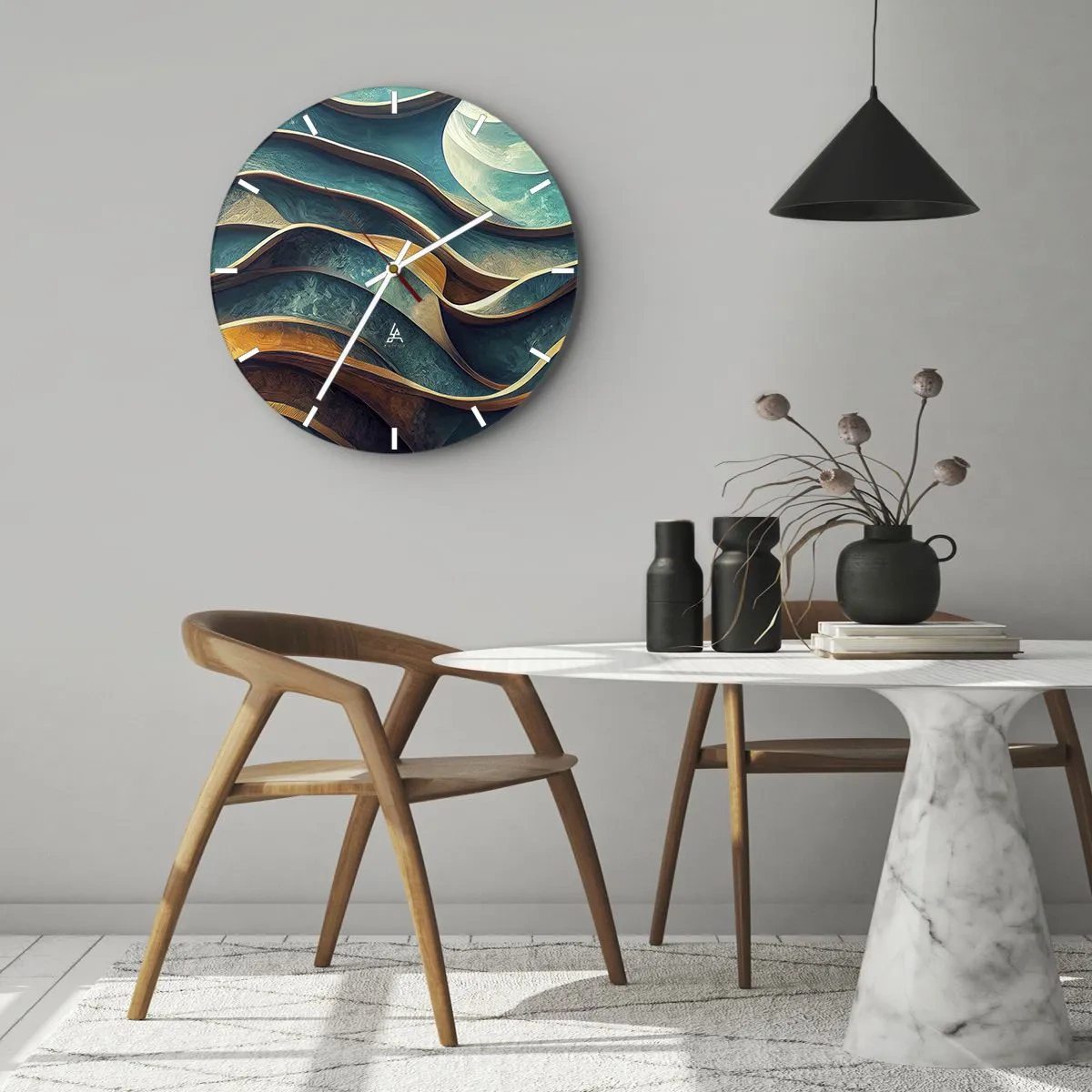 Relógio de parede - Relógio em vidro - Ondas abstratas de azul e marrom com efeito 3D - 30x30cm - Meandros de azul - Decoração de parede moderna para a sala de estar, cozinha e quarto ARTTOR