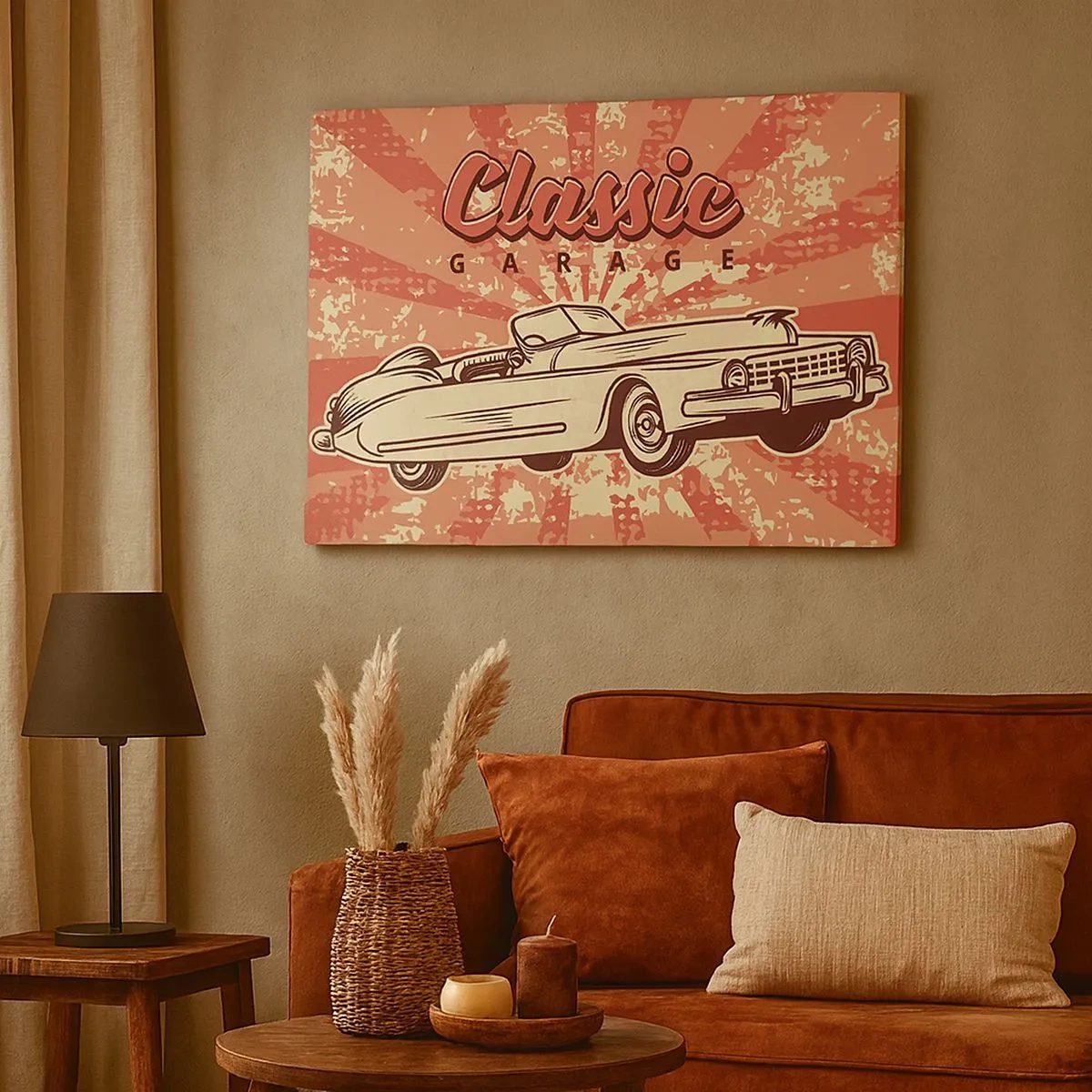 Quadro em tela - Pôster retrô com um carro clássico e as palavras Classic Garage - 70x50cm - E na rádio Elvis - Decoração de parede moderna para a sala de estar e quarto ARTTOR