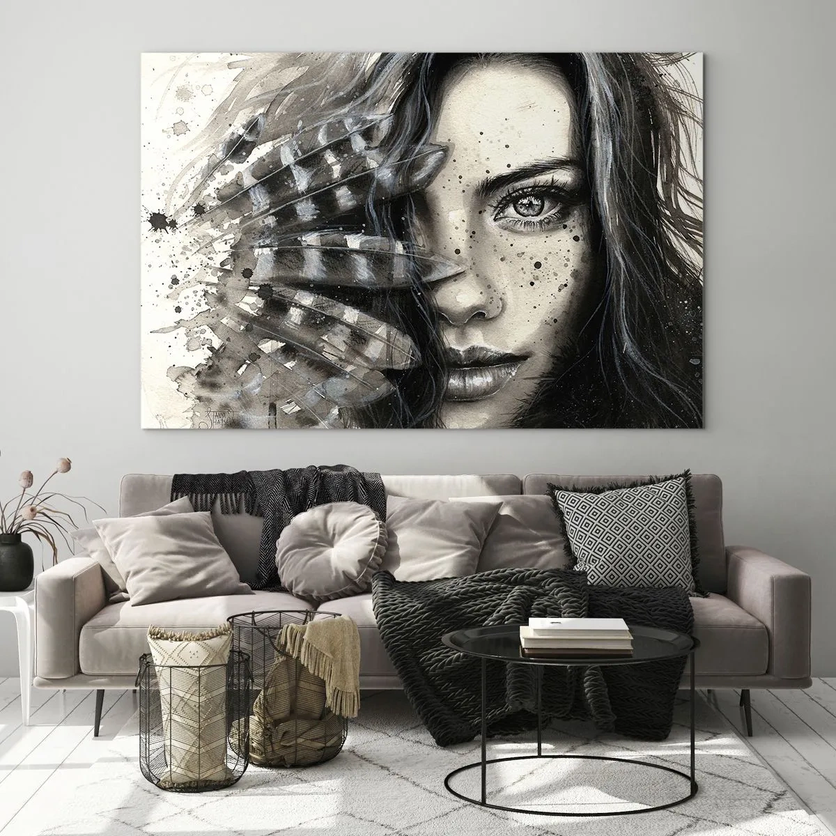 Quadro em vidro - Retrato de uma mulher com penas e detalhes abstratos - 70x50cm - Beleza selvagem - Decoração de parede moderna para a sala de estar e quarto ARTTOR