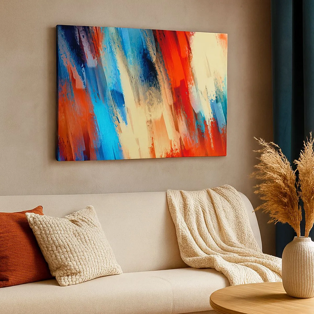 Quadro em tela - Pincelada abstrata em tons de azul e laranja - 70x50cm - Cascata de cores - Decoração de parede moderna para a sala de estar e quarto ARTTOR