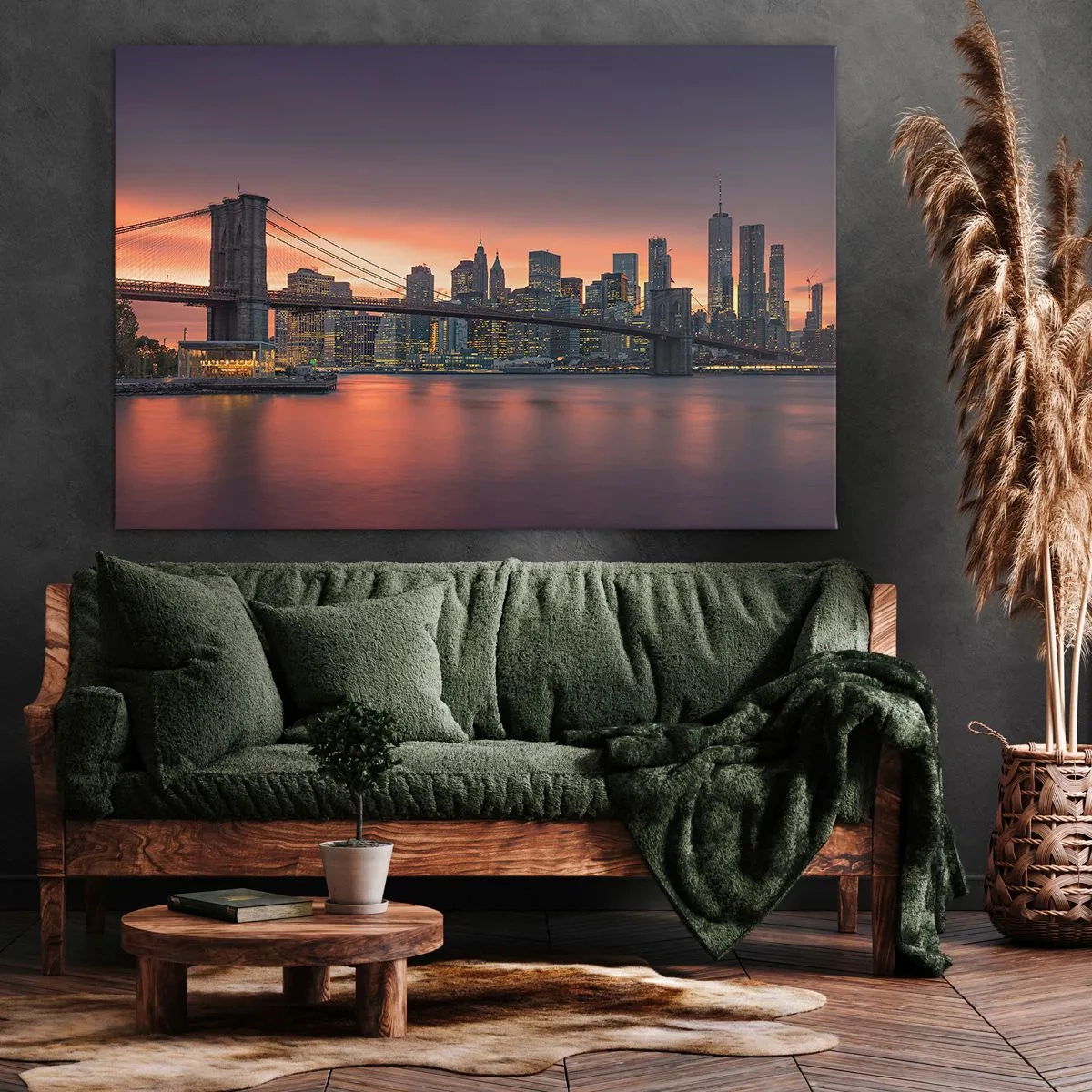 Quadro em tela - Panorama noturno da cidade com uma ponte e um céu iluminado - 70x50cm - Imersa no silêncio lilás - Decoração de parede moderna para a sala de estar e quarto ARTTOR