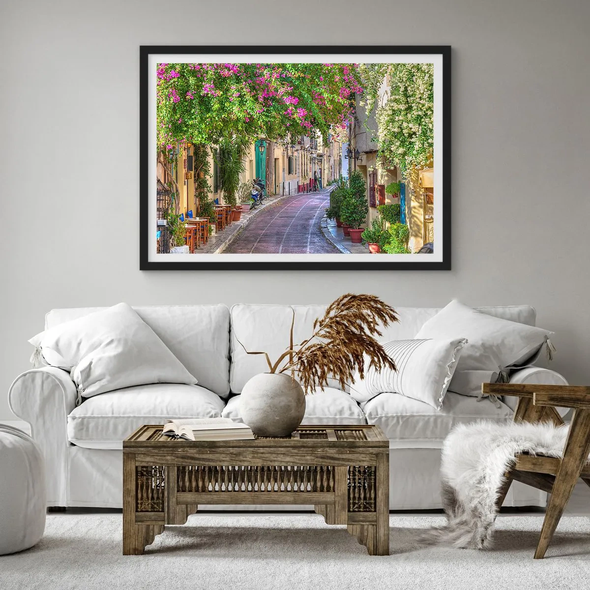 Pôster com moldura preta - Beco florido - 70x50 cm