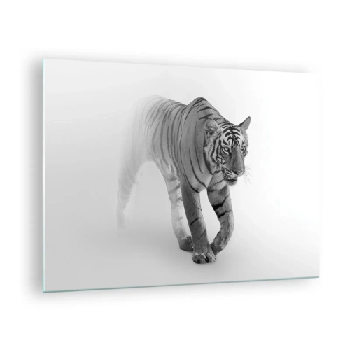 Quadro em vidro - Um tigre caminhando pela névoa, com um sutil desfoque no fundo - 70x50cm - À espreita na névoa - Decoração de parede moderna para a sala de estar e quarto ARTTOR