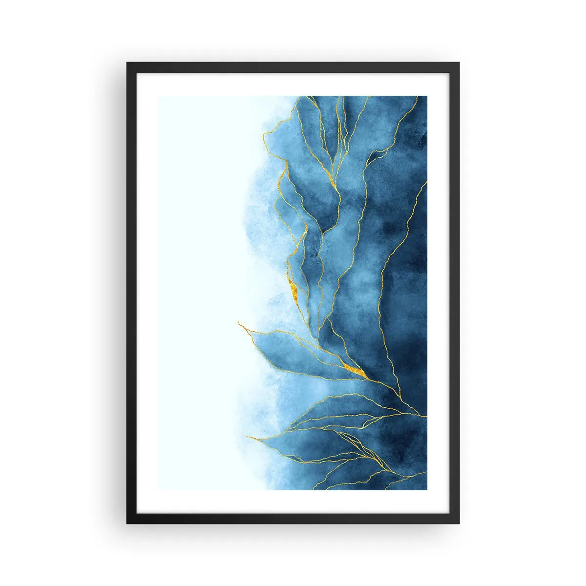 Pôster com moldura preta - Uma composição abstrata em tons de azul com linhas douradas. - 50x70cm - Azul dourado - Decoração de parede moderna para a sala de estar e quarto ARTTOR