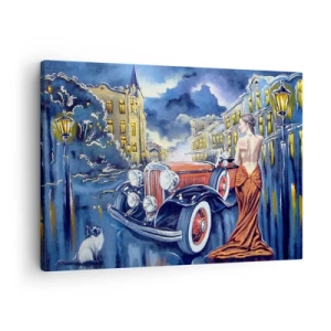 Quadro em tela - Uma mulher com um vestido elegante perto de um carro retrô à noite - 70x50cm - Música instrumental em azul e coral - Decoração de parede moderna para a sala de estar e quarto ARTTOR
