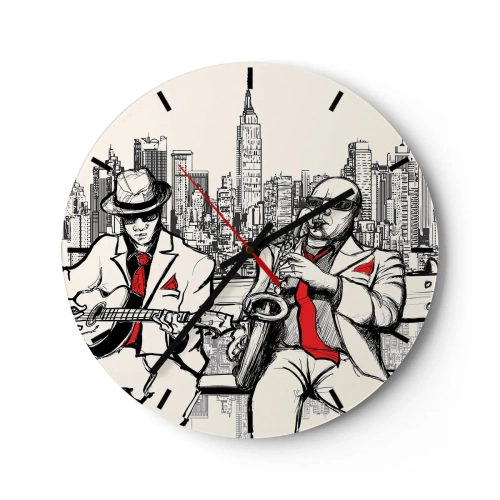 Relógio de parede - Relógio em vidro - Um mostrador de relógio com um motivo de músicos de jazz tendo como pano de fundo a cidade de Nova York - 30x30cm - Improvisação nova-iorquina