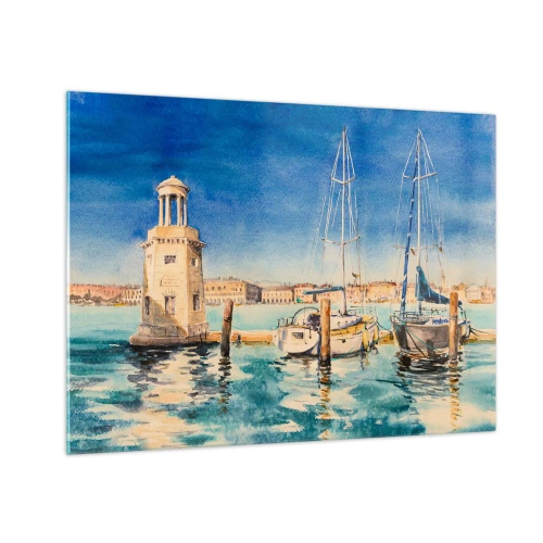 Quadro em vidro - Marina em aquarela com farol e iates atracados - 70x50cm - Lagoa ensolarada - Decoração de parede moderna para a sala de estar e quarto ARTTOR
