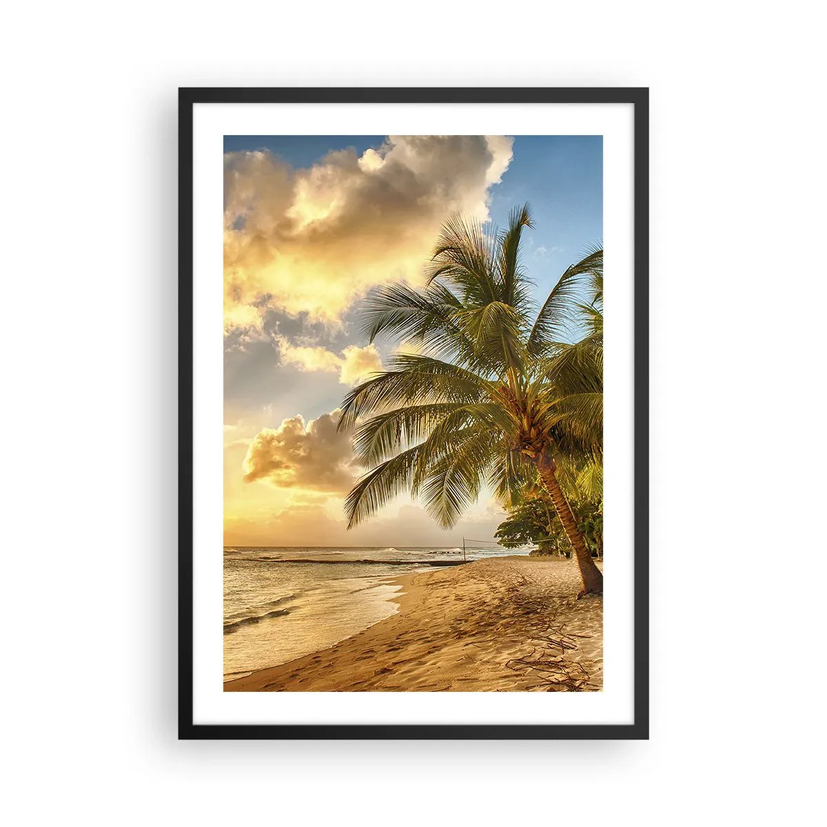 Pôster com moldura preta - Praia com palmeiras e um pôr do sol dourado - 50x70cm - Eterno verão, férias eternas - Decoração de parede moderna para a sala de estar e quarto ARTTOR