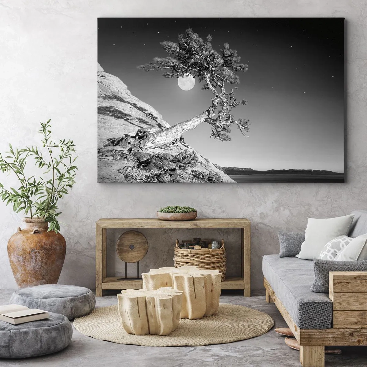 Quadro em tela - Árvore preta e branca em um penhasco com a lua ao fundo - 70x50cm - Guerreira vitoriosa - Decoração de parede moderna para a sala de estar e quarto ARTTOR