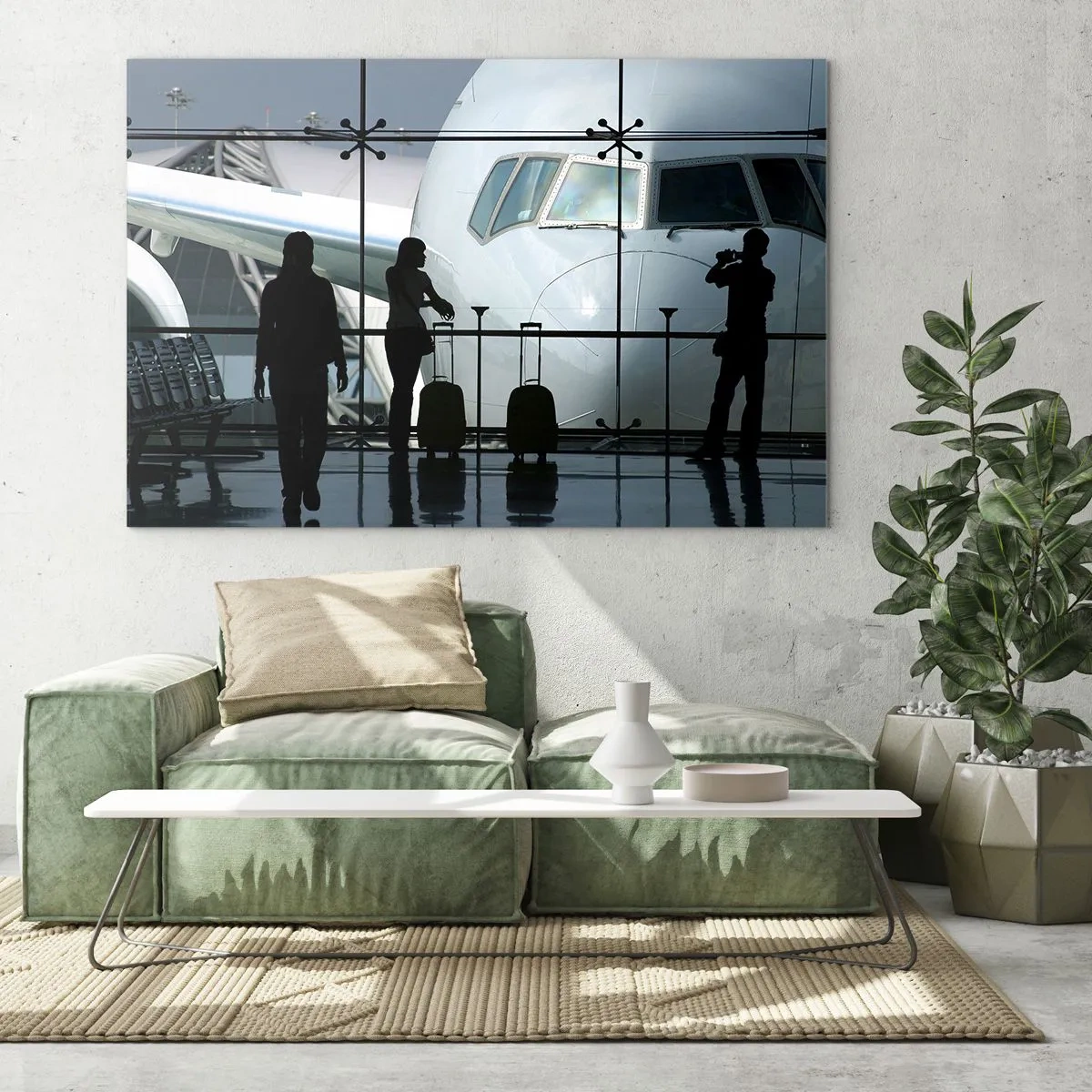 Quadro em vidro - Aeroporto com vista do avião e silhuetas de viajantes - 70x50cm - Vis a vis no aeroporto - Decoração de parede moderna para a sala de estar e quarto ARTTOR