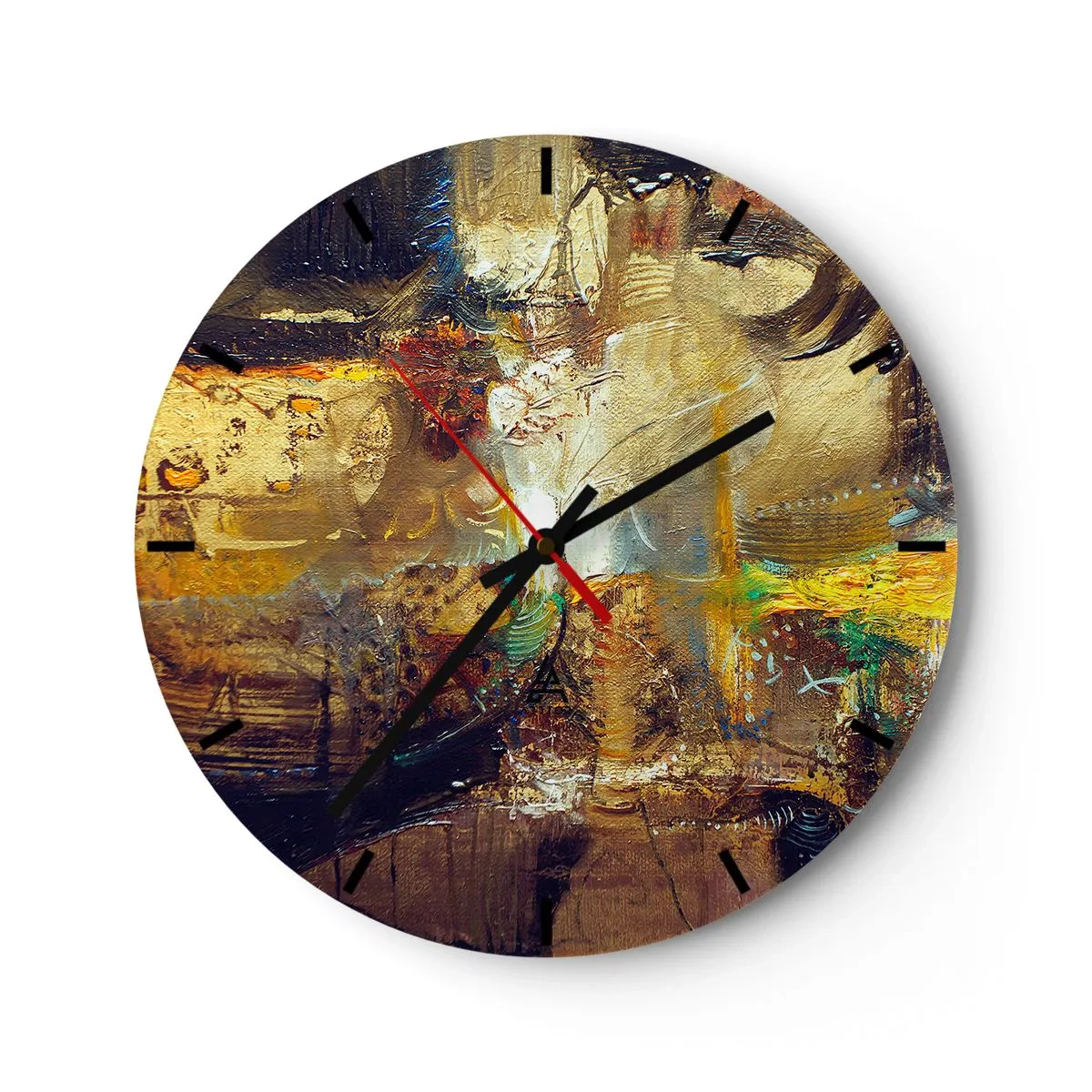 Relógio de parede - Relógio em vidro - Uma composição abstrata em tons de dourado, marrom e azul. - 30x30cm - Frio, mais quente, quente - Decoração de parede moderna para a sala de estar, cozinha e quarto ARTTOR