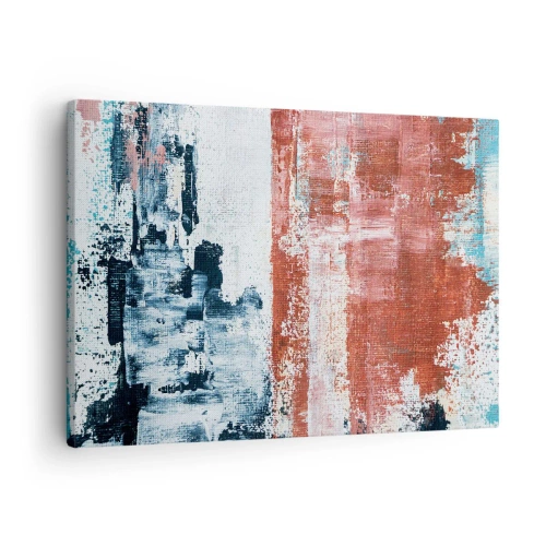 Quadro em tela - Abstração nas cores branco, azul e tijolo - 70x50cm - Meio a meio abstrato - Decoração de parede moderna para a sala de estar e quarto ARTTOR