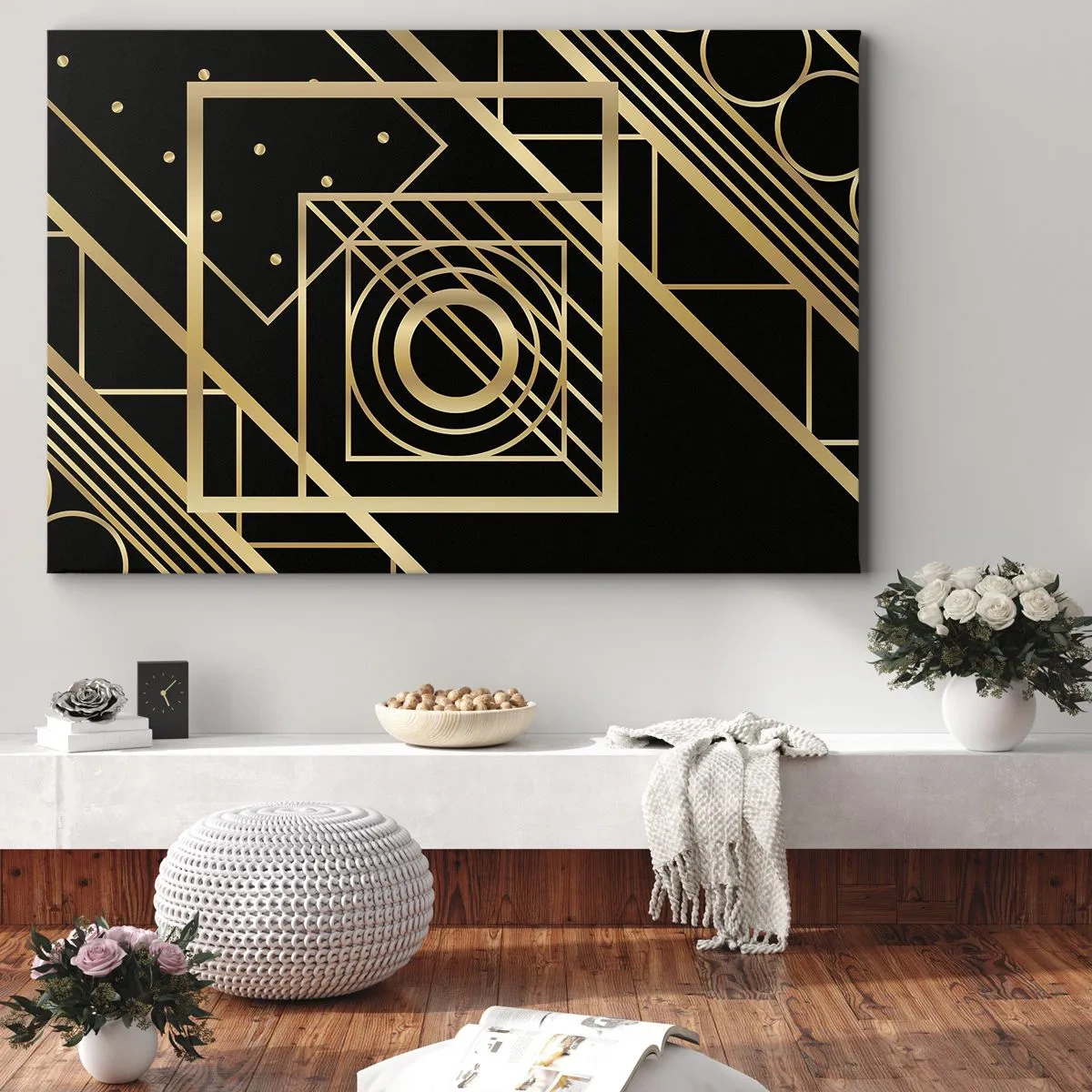 Quadro em tela - Padrões geométricos dourados em um fundo preto - 70x50cm - Geometria dourada - Decoração de parede moderna para a sala de estar e quarto ARTTOR