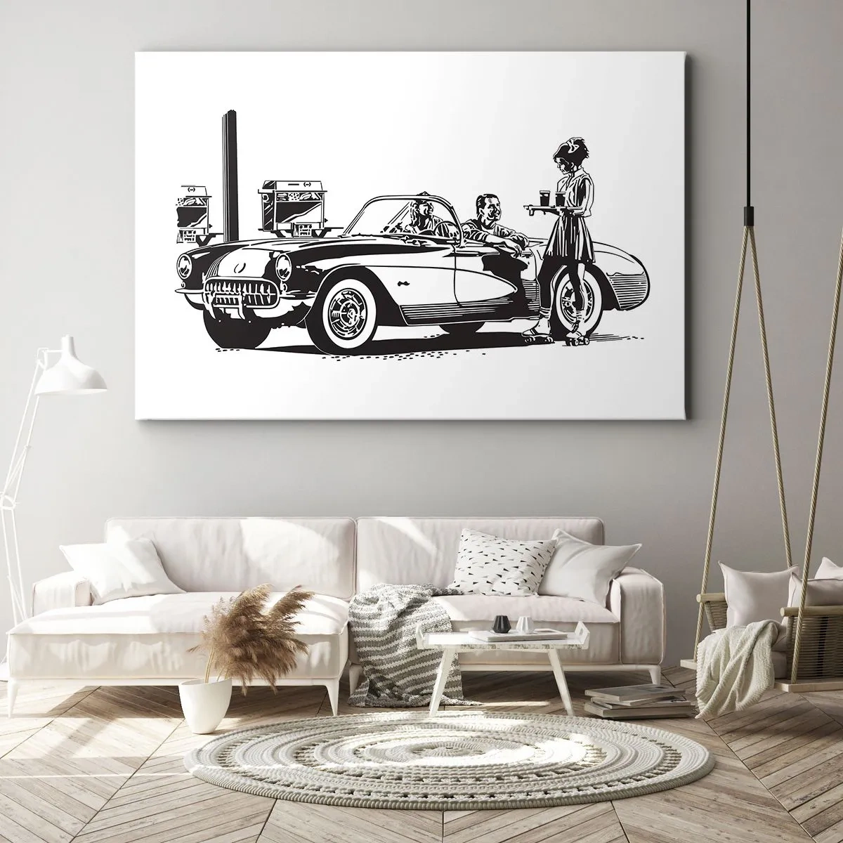 Quadro em tela - Uma cena retrô em preto e branco com um carro e uma garçonete de patins. - 70x50cm - 60º - América Despreocupada - Decoração de parede moderna para a sala de estar e quarto ARTTOR