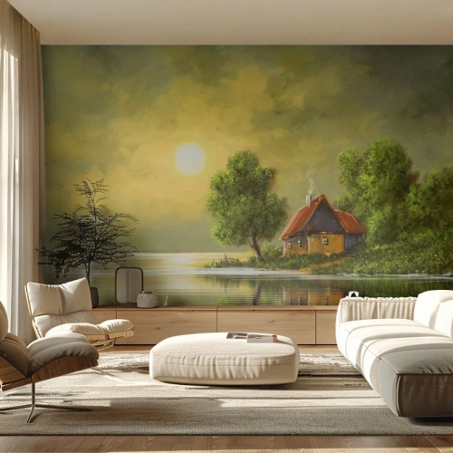 Papel de Parede Premium Canvas - Lindo como uma paisagem - Paisagem, Casa de campo, Barco a vela - 300x210 cm