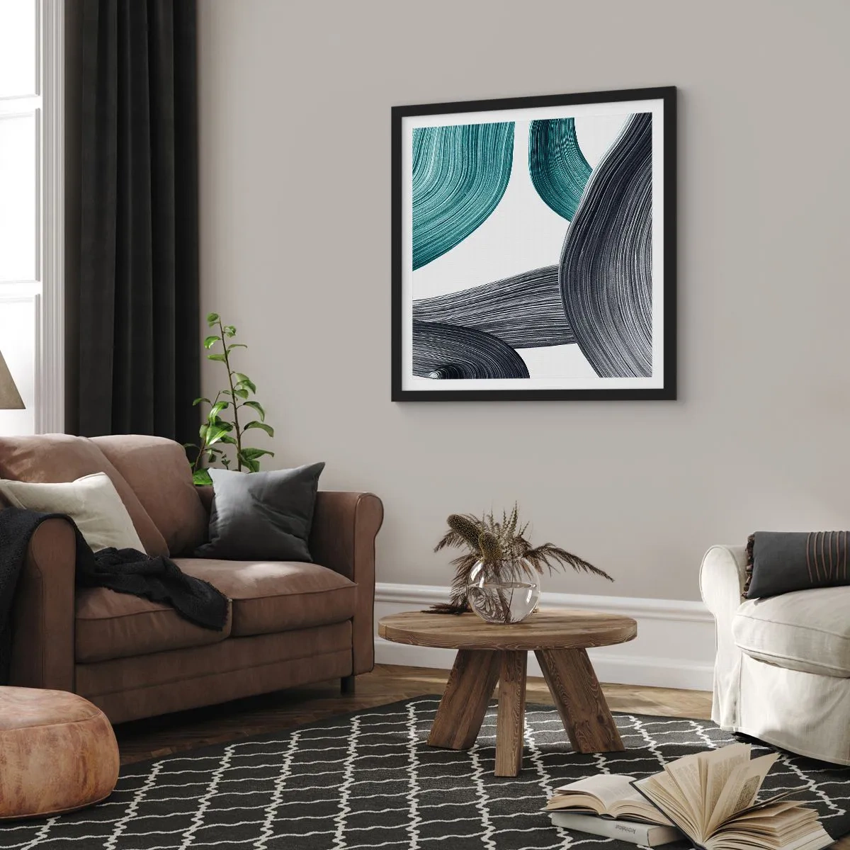 Pôster com moldura preta - Trilhas esmeralda e preta - 60x60 cm