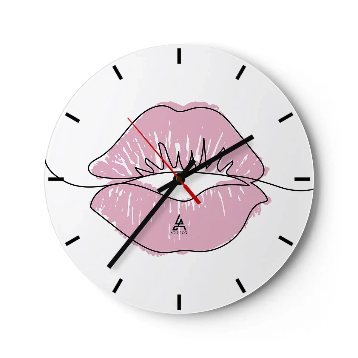 Relógio de parede - Relógio em vidro - Close-up de lábios rosados contra um relógio branco - 30x30cm - Pronto para beijar? - Decoração de parede moderna para a sala de estar, cozinha e quarto ARTTOR