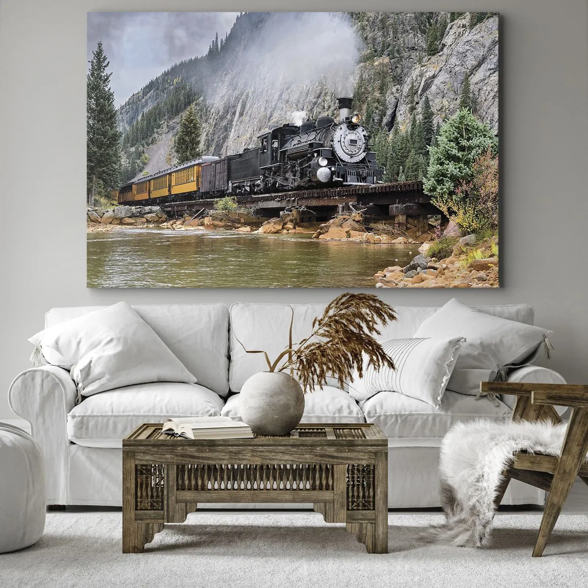 Quadro em tela - Uma locomotiva a vapor em uma ponte em uma paisagem montanhosa pitoresca - 70x50cm - Para onde? Onde? - Decoração de parede moderna para a sala de estar e quarto ARTTOR