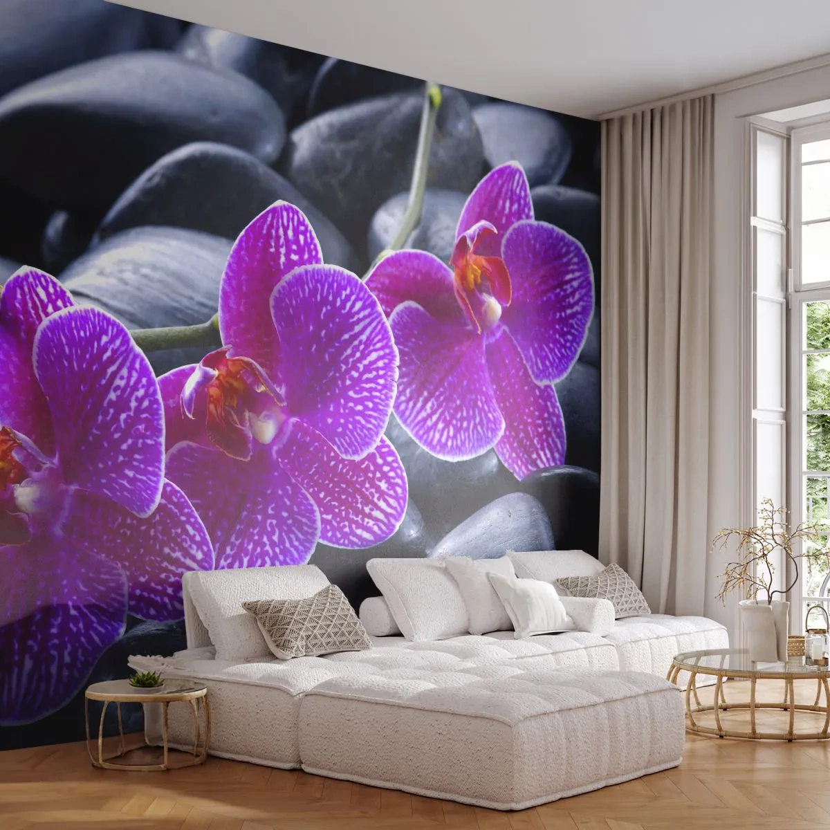 Papel de Parede Premium Sand - As pedras de iluminaram de deleite - Flores, Pedras, Orquídea - 400x280 cm