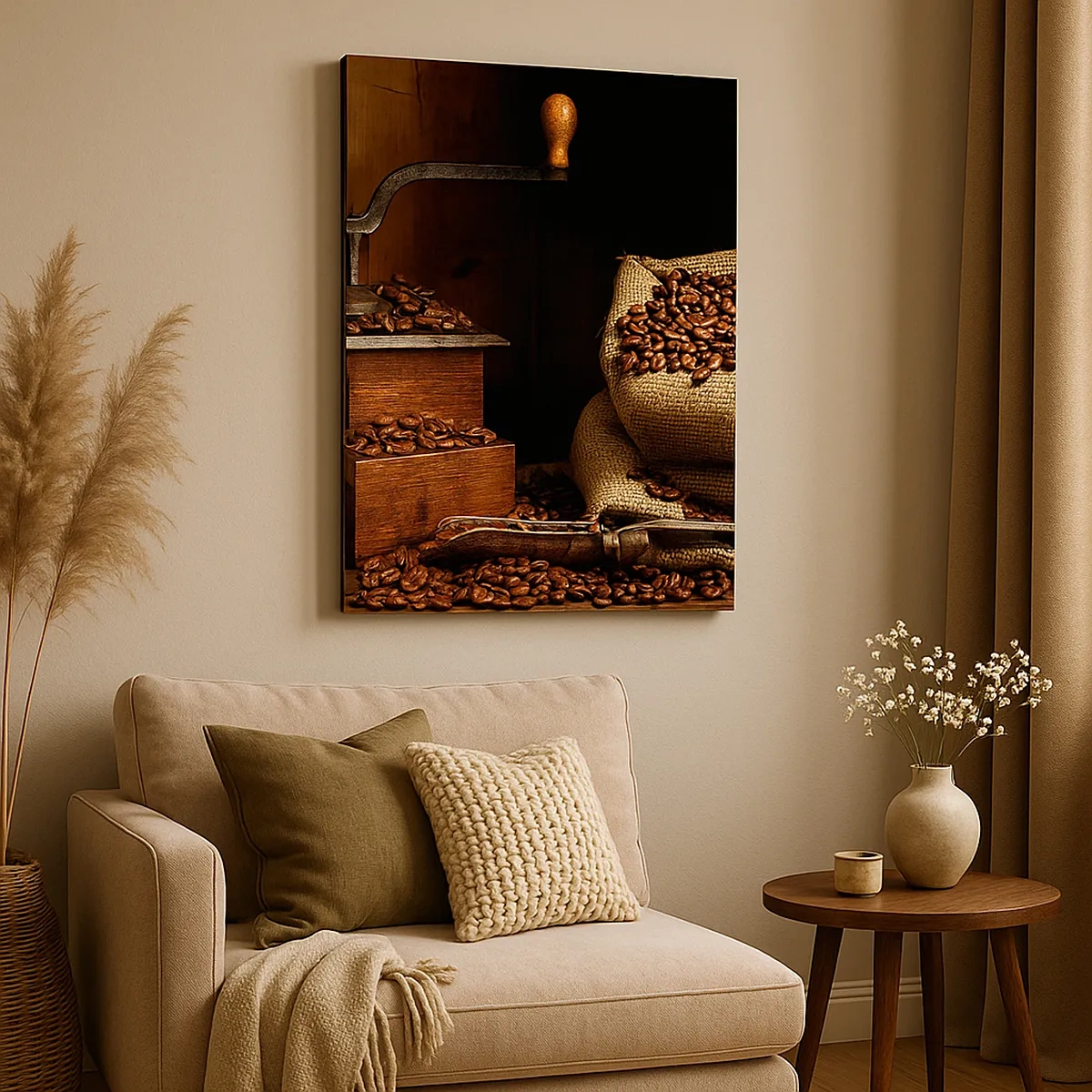 Quadro em tela - Natureza morta com grãos de café e moedor - 50x70 cm