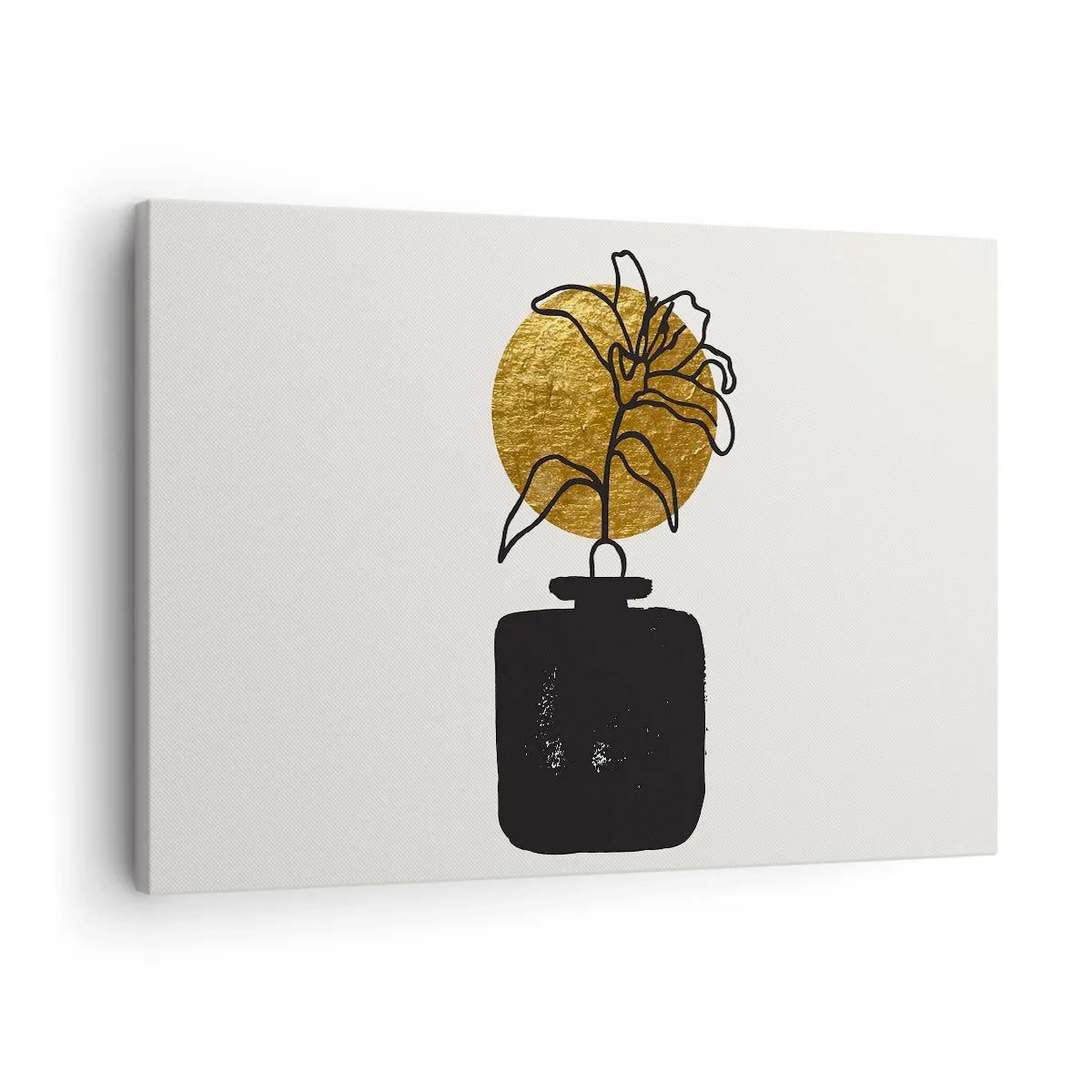 Quadro em tela - Um desenho de uma flor em um vaso contra um fundo de círculo dourado - 70x50cm - A beleza vale seu peso em ouro - Decoração de parede moderna para a sala de estar e quarto ARTTOR