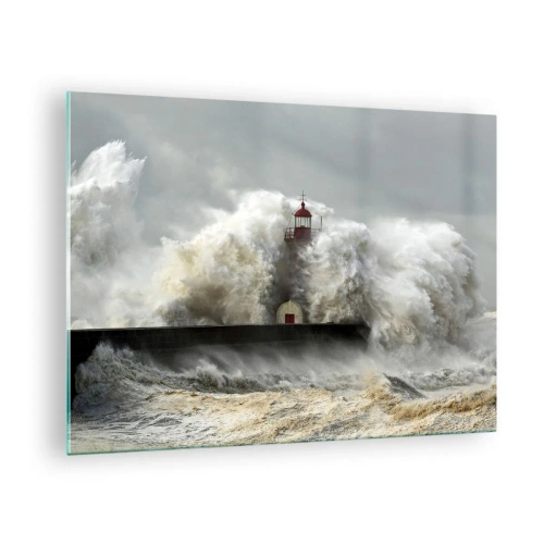 Quadro em vidro - Um farol cercado por ondas poderosas - 70x50cm - A ira do oceano - Decoração de parede moderna para a sala de estar e quarto ARTTOR