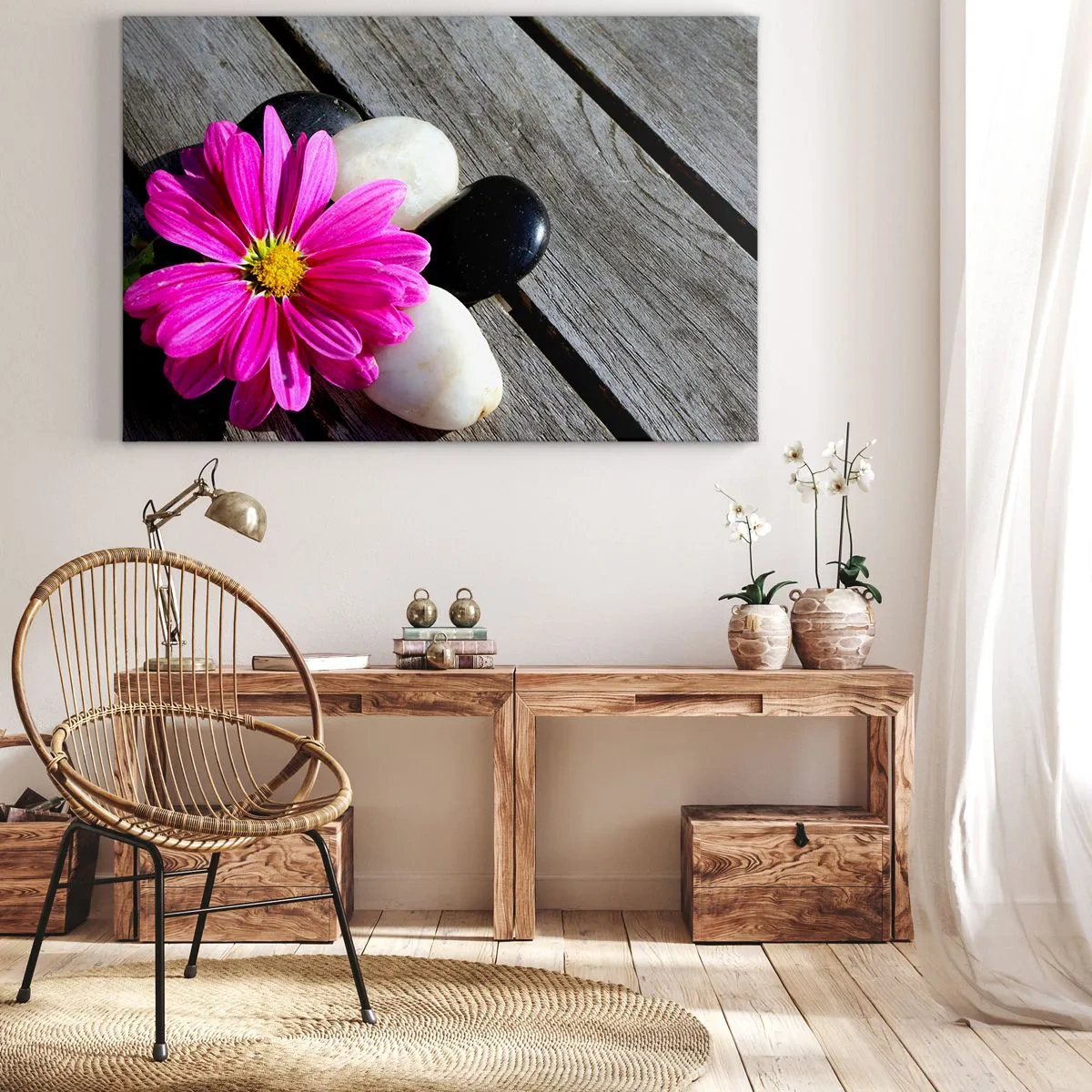 Quadro em tela - Flor rosa sobre fundo de tábuas de madeira com pedras - 70x50cm - Descanso no cais - Decoração de parede moderna para a sala de estar e quarto ARTTOR
