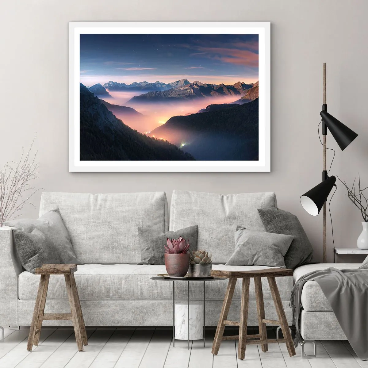 Pôster em moldura branca - Luz nos vales - 100x70 cm