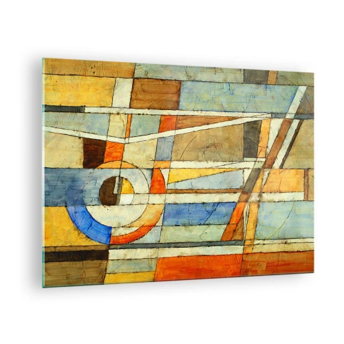 Quadro em vidro - Uma composição abstrata com padrões geométricos e cores quentes. - 70x50cm - Cubismo em construção - Decoração de parede moderna para a sala de estar e quarto ARTTOR
