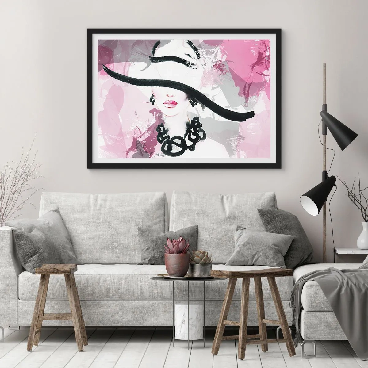 Pôster com moldura preta - Retrato de uma dama a preto e rosa - 91x61 cm