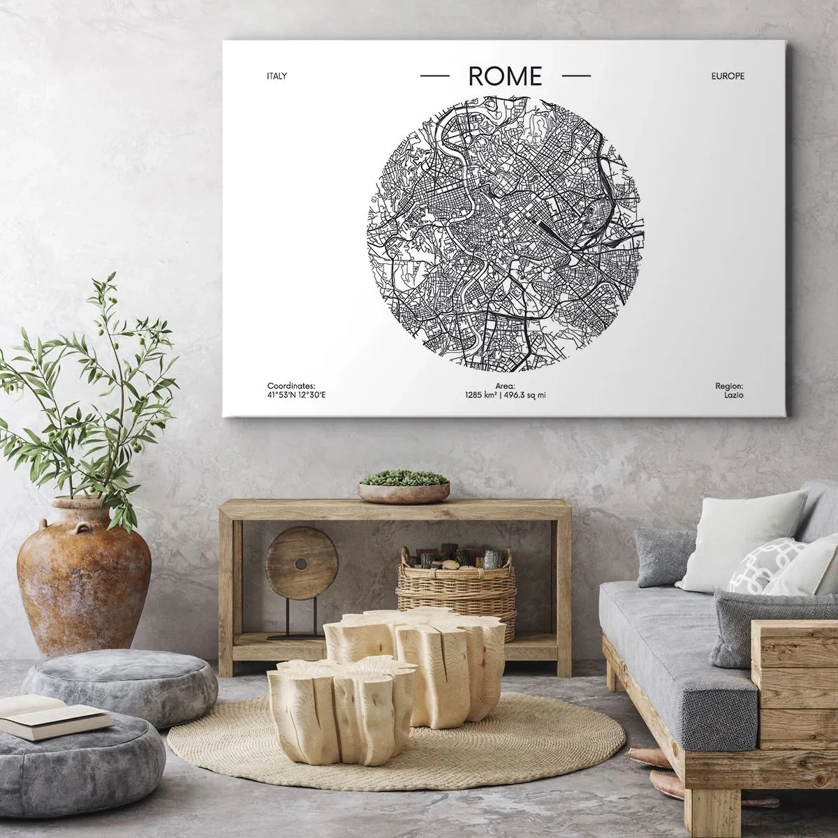 Quadro em tela - Um mapa de Roma em um estilo minimalista, preto e branco - 70x50cm - Anatomia de Roma - Decoração de parede moderna para a sala de estar e quarto ARTTOR