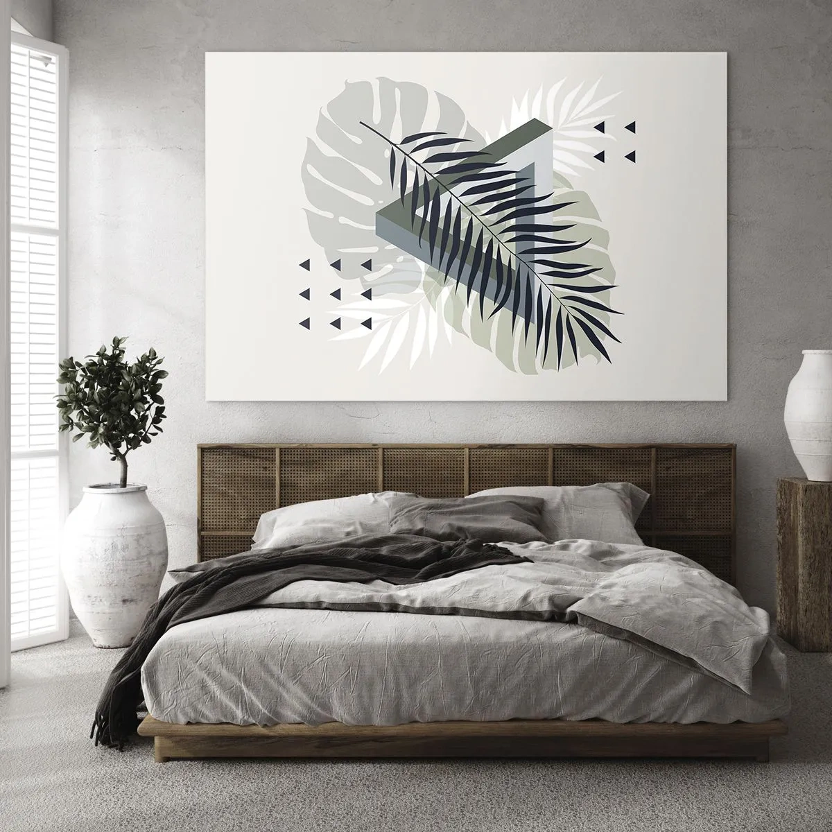 Quadro em vidro - Uma composição geométrica moderna de folhas - 70x50cm - Natureza e geometria – duas ordens? - Decoração de parede moderna para a sala de estar e quarto ARTTOR