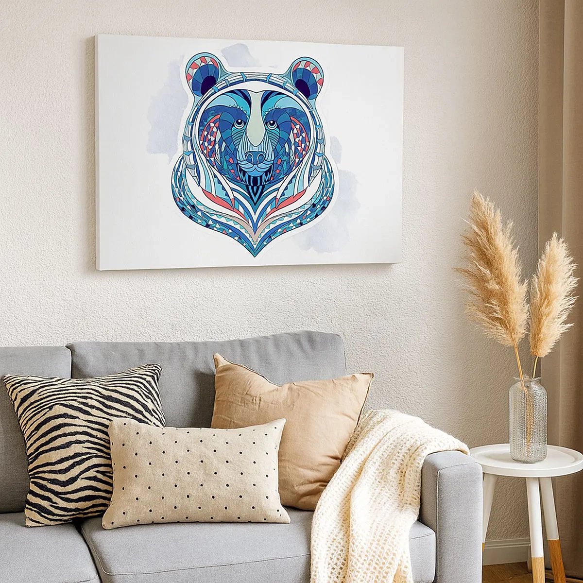 Quadro em tela - Urso geométrico em tons de azul e vermelho - 70x50cm - Eviva Gronelândia! - Decoração de parede moderna para a sala de estar e quarto ARTTOR