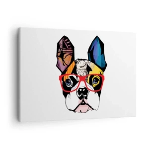 Quadro em tela - Bulldog em uma ilustração colorida com óculos vermelhos - 70x50cm - Intelectual - Decoração de parede moderna para a sala de estar e quarto ARTTOR