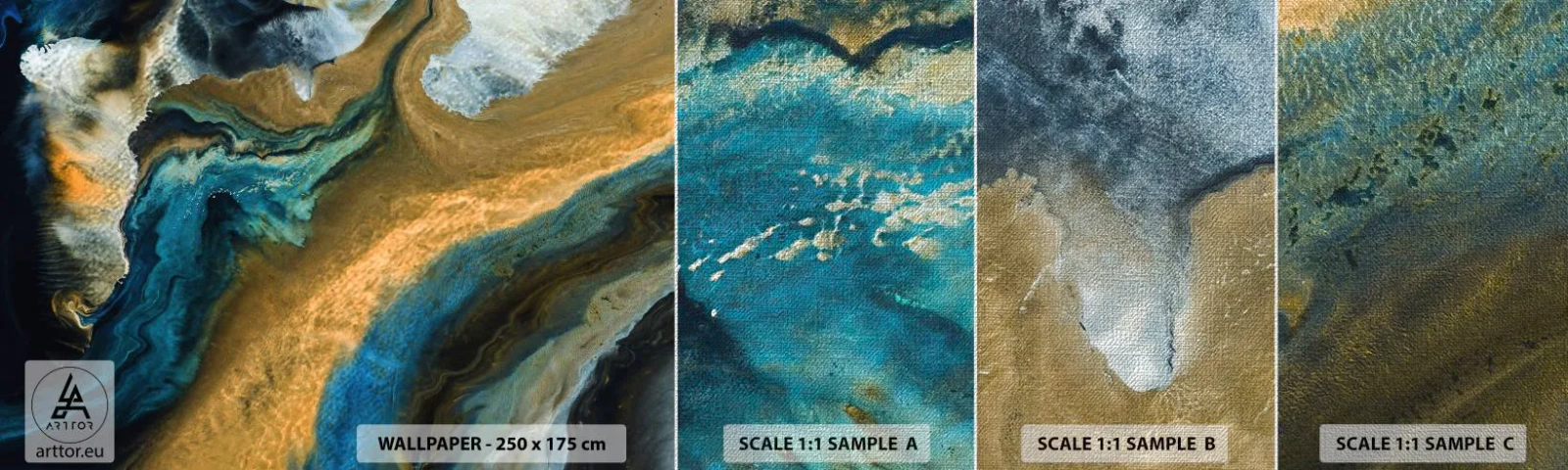 Amostra de papel de parede Premium Canvas - Azul – amarelo – influências mútuas - Abstração, Pedaço, Gráficos - 100x30 cm