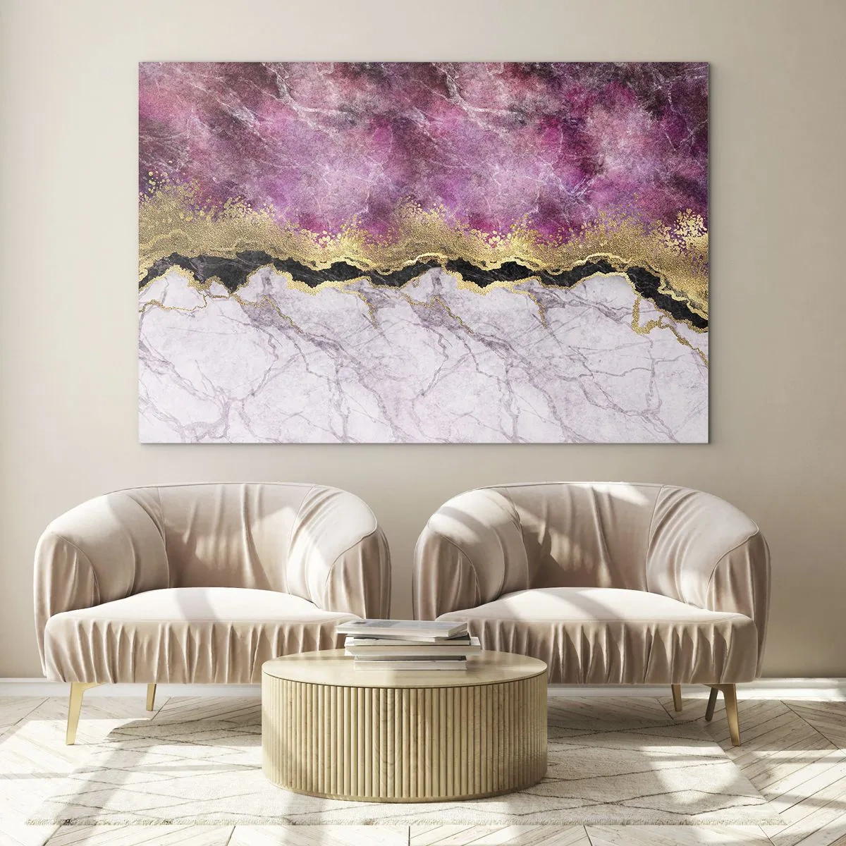 Quadro em vidro - Composição abstrata de mármore com detalhes em dourado e roxo - 70x50cm - Na fronteira - Decoração de parede moderna para a sala de estar e quarto ARTTOR