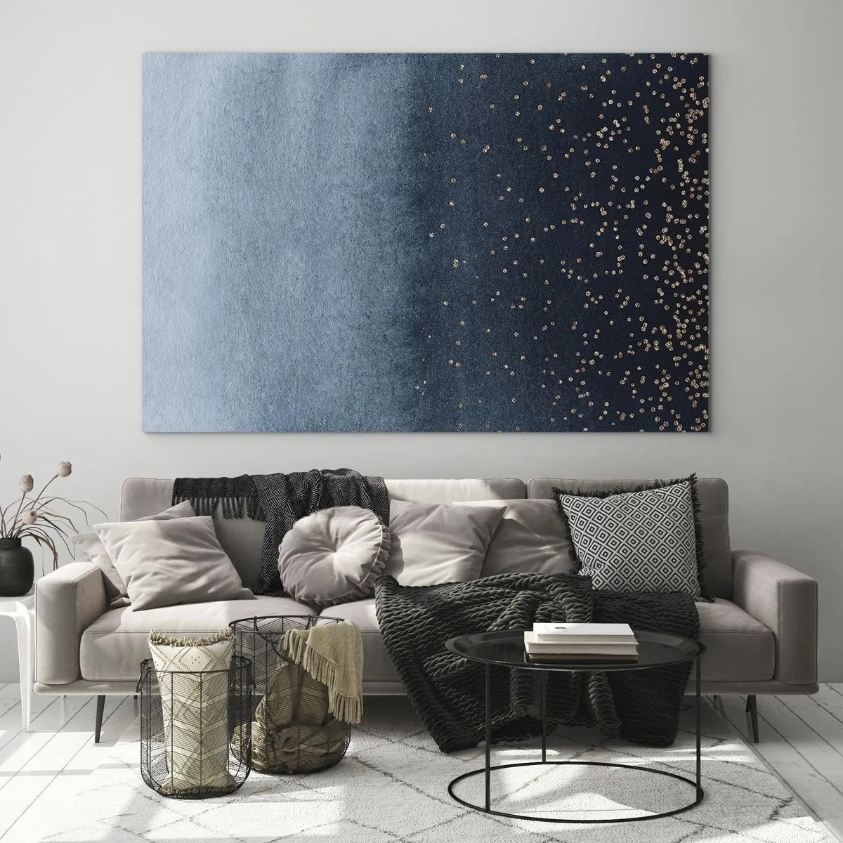Quadro em vidro - Gradientes azul-marinho com pequenos pontos dourados - 70x50cm - Composição – fases azuis - Decoração de parede moderna para a sala de estar e quarto ARTTOR