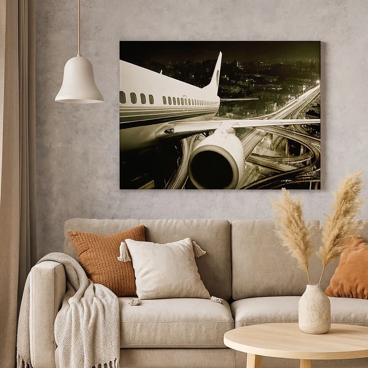 Quadro em tela - Um avião sobre uma cidade noturna com rodovias iluminadas - 70x50cm - Voar para a noite - Decoração de parede moderna para a sala de estar e quarto ARTTOR